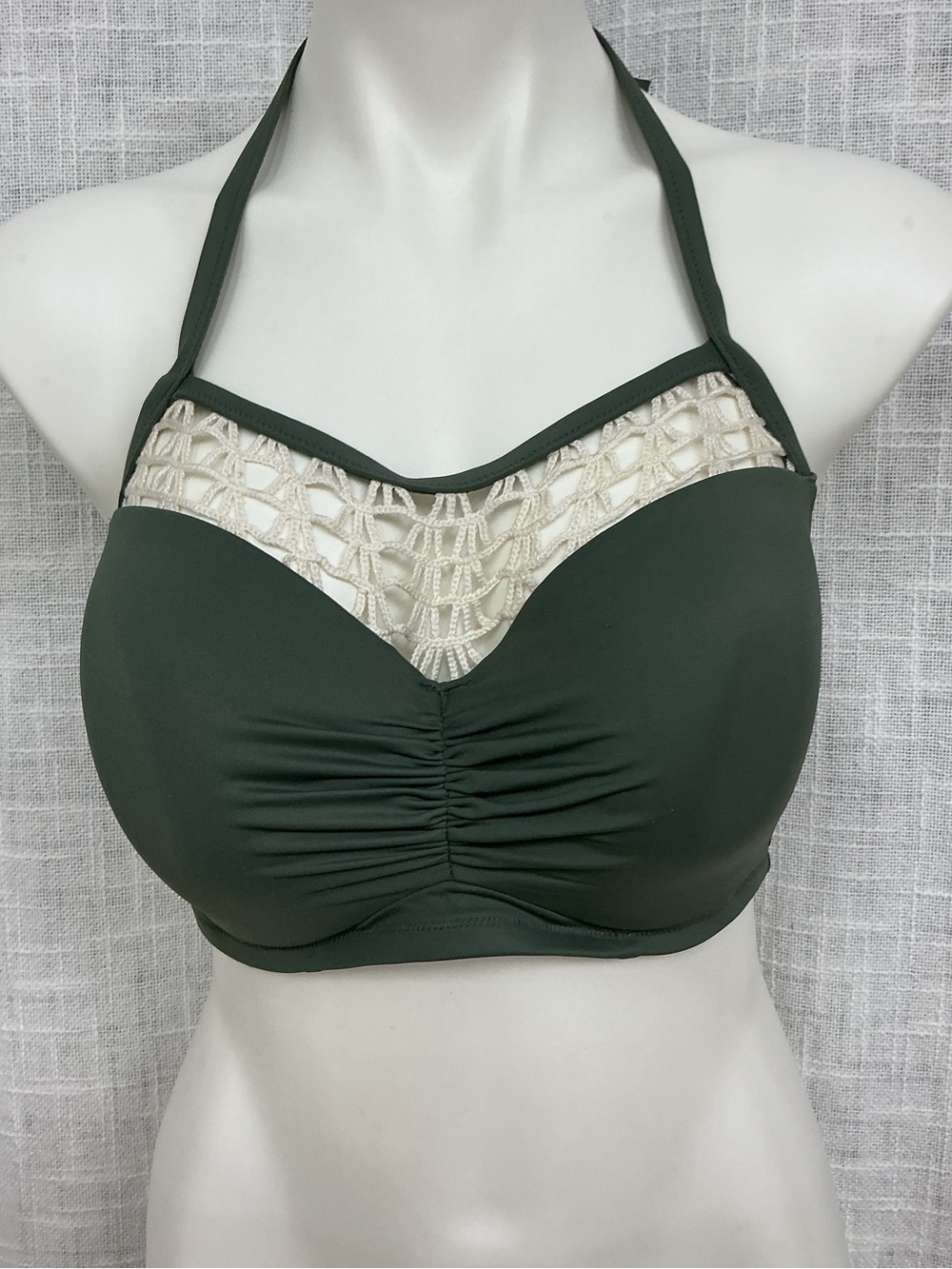 Olive Green Halter Bralette with Crochet Insets